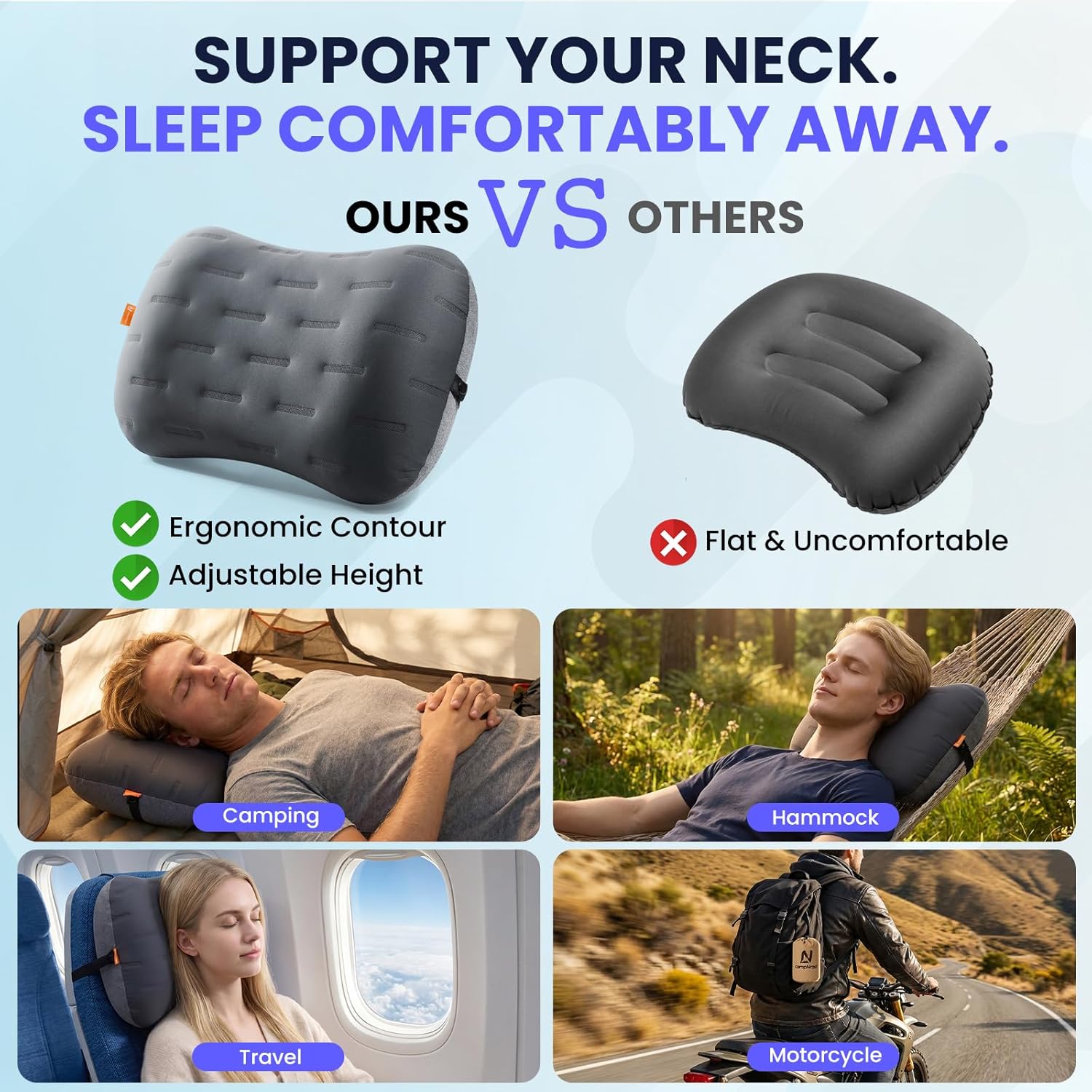 Inflatable Camping Pillow - Ultralight Compact Air Pillow for Travel, Backpacking & Hiking - Ergonomic Neck & Lumbar Support - Portable Inflatable Pillow with Removable Washable Cover - (Grey) - Image 3