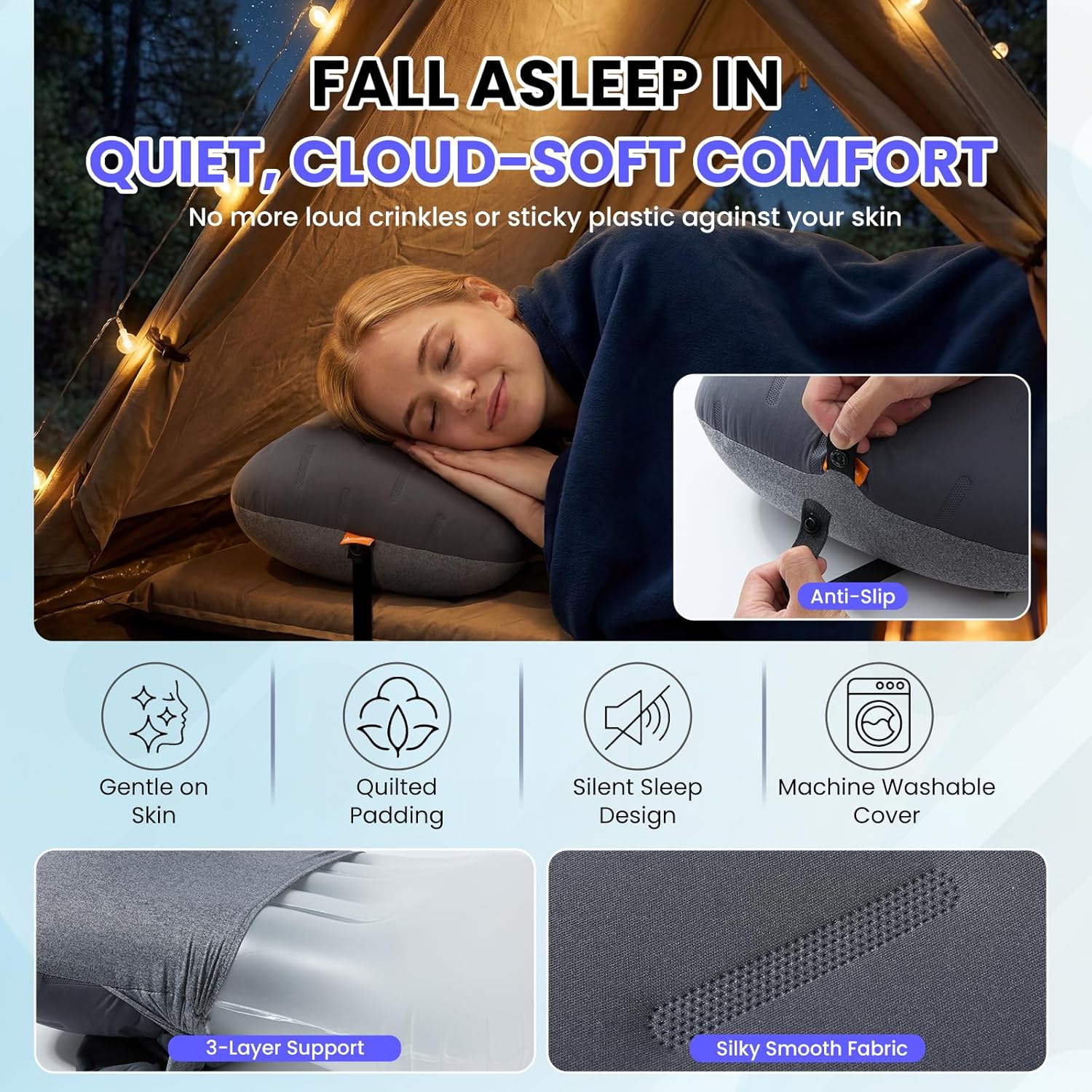 Inflatable Camping Pillow - Ultralight Compact Air Pillow for Travel, Backpacking & Hiking - Ergonomic Neck & Lumbar Support - Portable Inflatable Pillow with Removable Washable Cover - (Grey) - Image 4