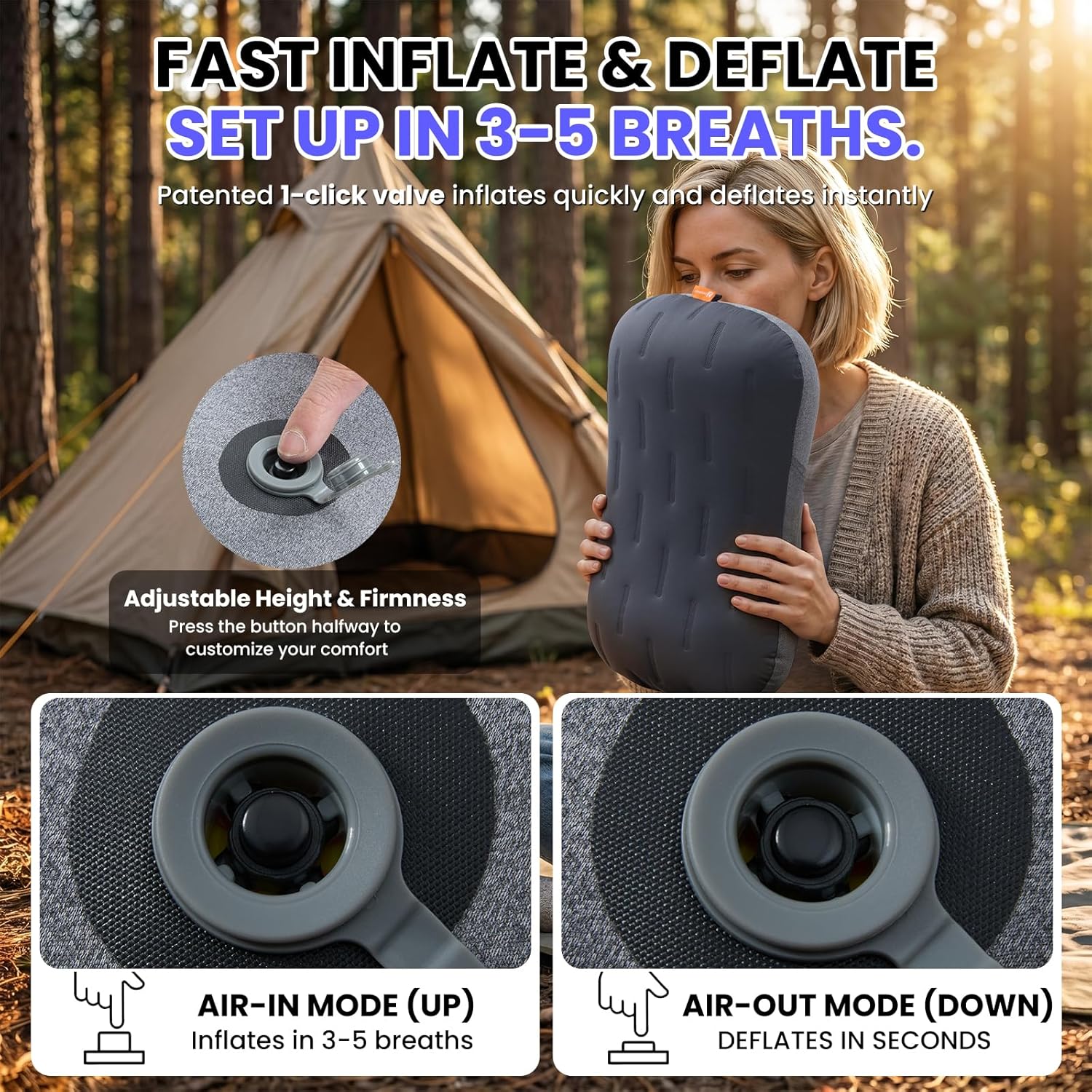 Inflatable Camping Pillow - Ultralight Compact Air Pillow for Travel, Backpacking & Hiking - Ergonomic Neck & Lumbar Support - Portable Inflatable Pillow with Removable Washable Cover - (Grey) - Image 5