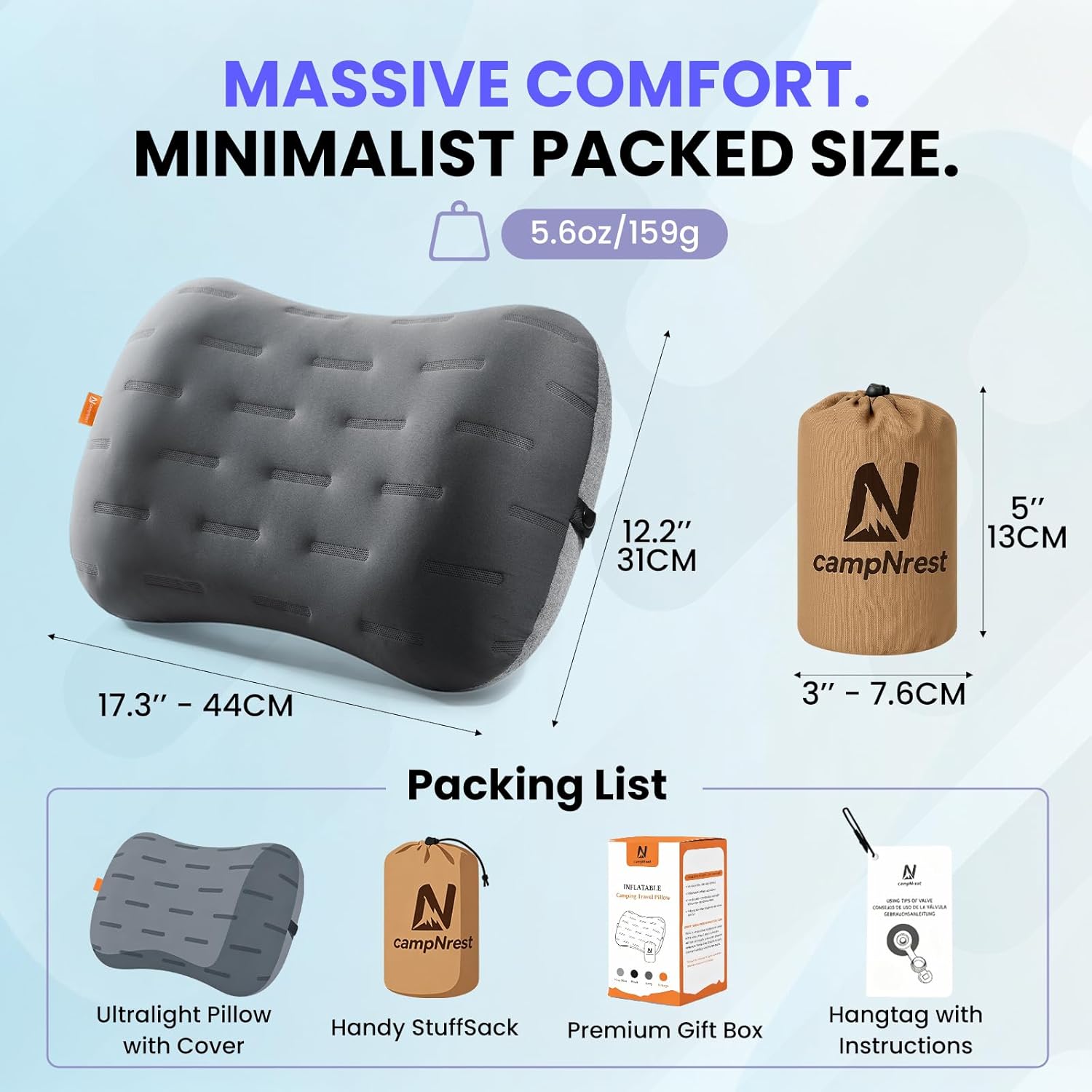 Inflatable Camping Pillow - Ultralight Compact Air Pillow for Travel, Backpacking & Hiking - Ergonomic Neck & Lumbar Support - Portable Inflatable Pillow with Removable Washable Cover - (Grey) - Image 6