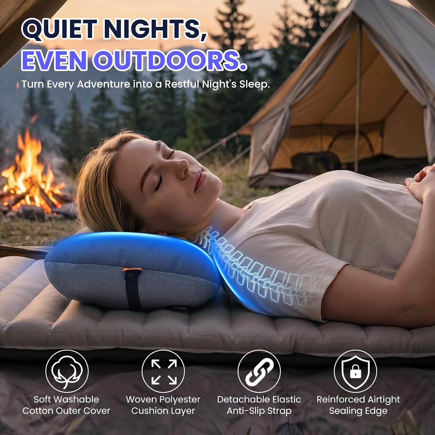 Inflatable Camping Pillow - Ultralight Compact Air Pillow for Travel, Backpacking & Hiking - Ergonomic Neck & Lumbar Support - Portable Inflatable Pillow with Removable Washable Cover - (Grey) - Image 7