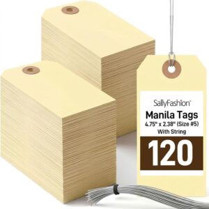 SallyFashion 120 PCS Manila Tags with Wire, 4 3/4" x 2 3/8" Heavyweight Shipping & Inventory Labels, Blank for Price, Gift, Retail, Crafts, Warehouse & Office